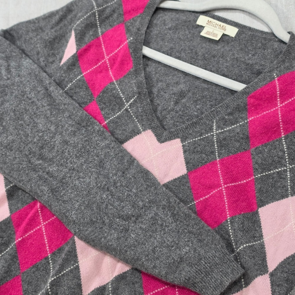 Michael Michael Kors Sweater Womens L Grey Pink Excellent 100% Cashmere Argyle